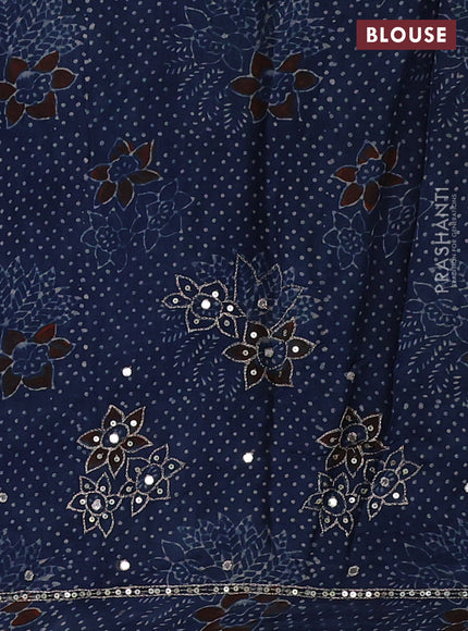 Modal silk saree blue with allover ajrakh prints and mirror & sequin embroidery pallu