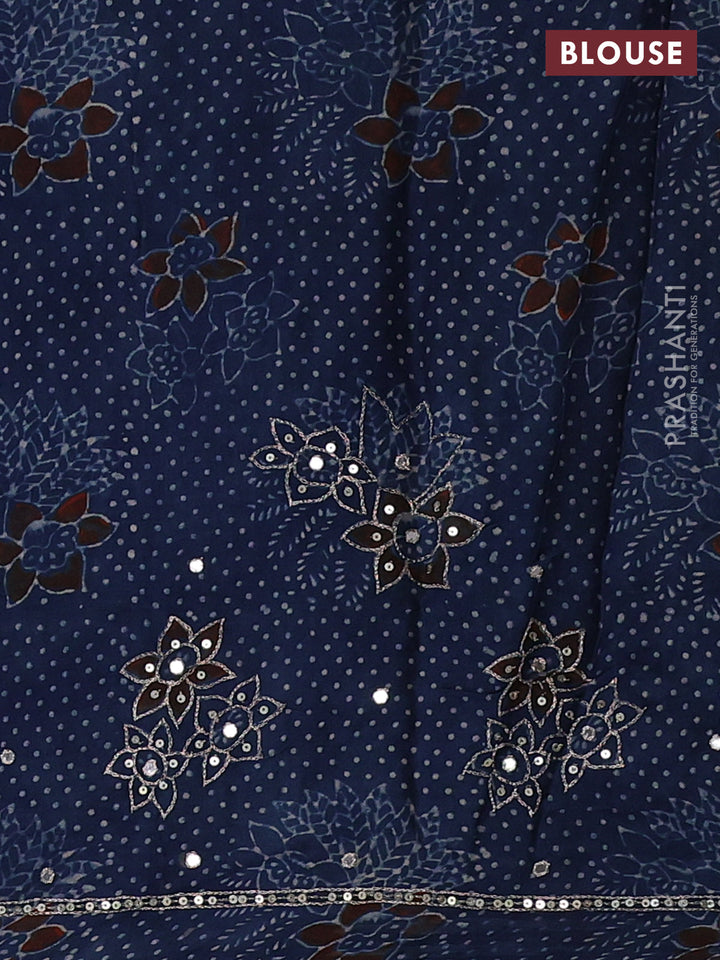Modal silk saree blue with allover ajrakh prints and mirror & sequin embroidery pallu