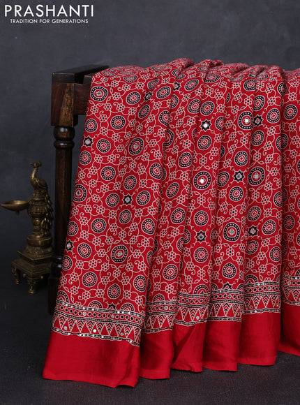 Modal silk saree red with allover ajrakh prints and mirror & sequin embroidery pallu