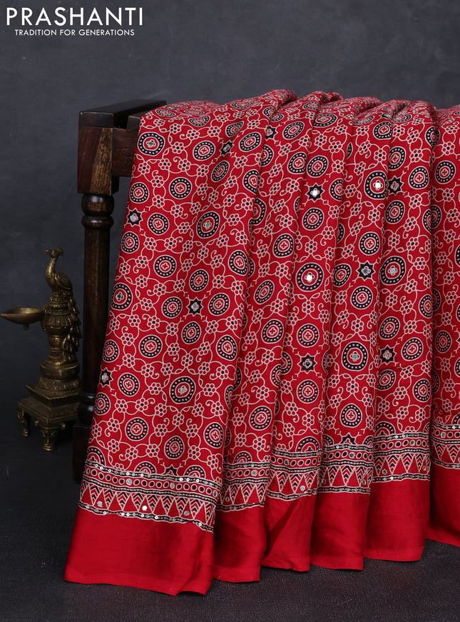 Modal silk saree red with allover ajrakh prints and mirror & sequin embroidery pallu