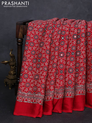 Modal silk saree red with allover ajrakh prints and mirror & sequin embroidery pallu