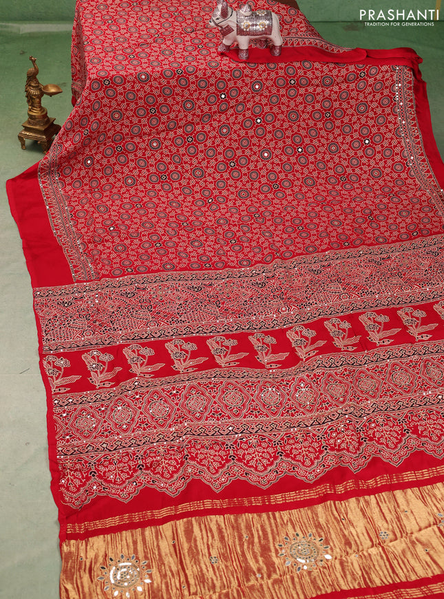 Modal silk saree red with allover ajrakh prints and mirror & sequin embroidery pallu