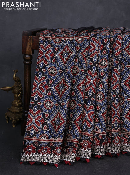 Modal silk saree black with allover ajrakh prints and mirror & sequin embroidery pallu