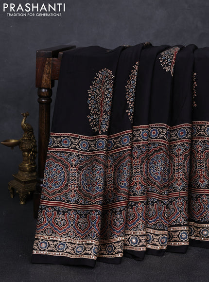 Modal silk saree black with allover ajrakh prints and mirror & sequin embroidery pallu