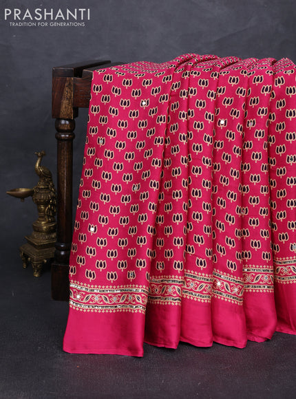 Modal silk saree pink with allover ajrakh prints and mirror & sequin embroidery pallu