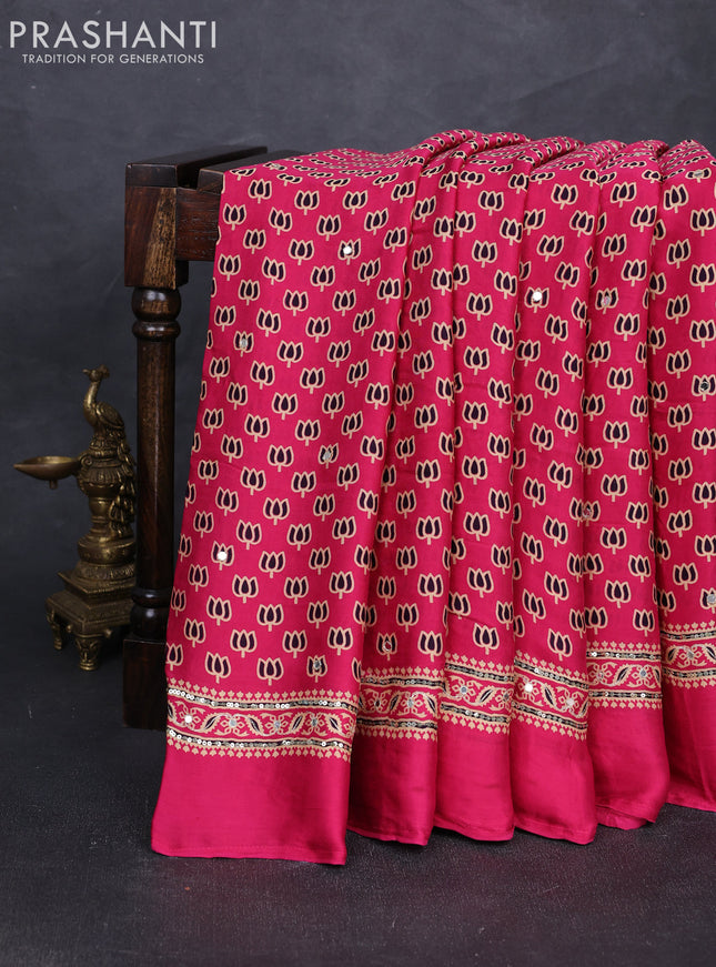 Modal silk saree pink with allover ajrakh prints and mirror & sequin embroidery pallu