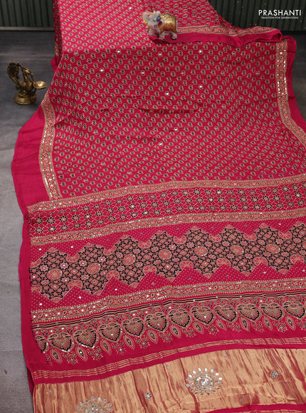 Modal silk saree pink with allover ajrakh prints and mirror & sequin embroidery pallu
