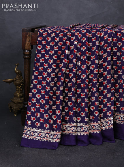 Modal silk saree dark blue with allover ajrakh prints and mirror & sequin embroidery pallu