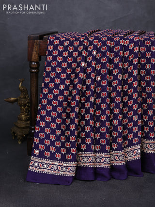 Modal silk saree dark blue with allover ajrakh prints and mirror & sequin embroidery pallu