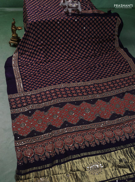 Modal silk saree dark blue with allover ajrakh prints and mirror & sequin embroidery pallu