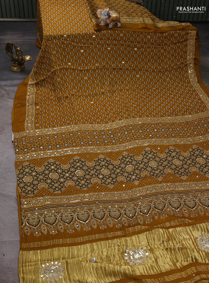 Modal silk saree mustard yellow with allover ajrakh prints and mirror & sequin embroidery pallu