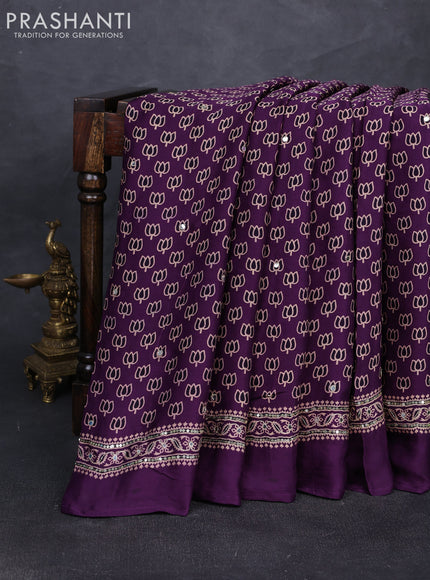 Modal silk saree purple with allover ajrakh prints and mirror & sequin embroidery pallu