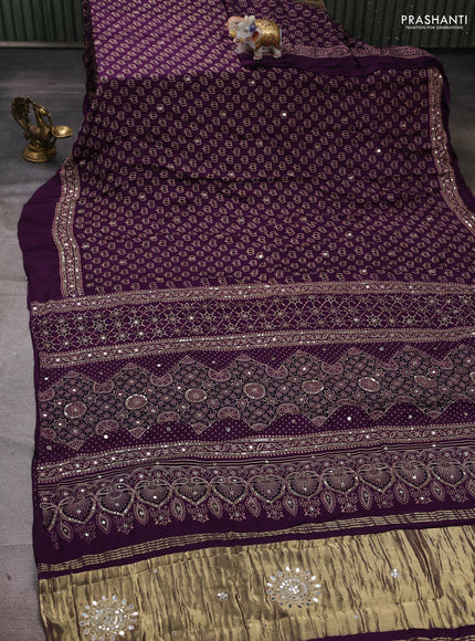 Modal silk saree purple with allover ajrakh prints and mirror & sequin embroidery pallu