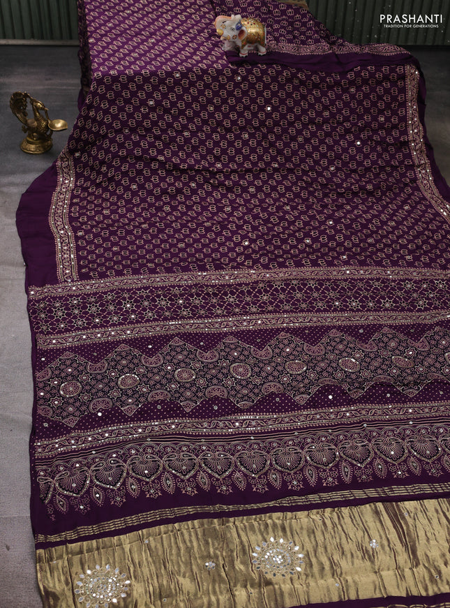 Modal silk saree purple with allover ajrakh prints and mirror & sequin embroidery pallu