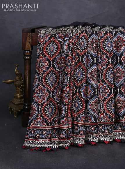 Modal silk saree black with mirror work & ajrakh prints and mirror & sequin embroidery pallu