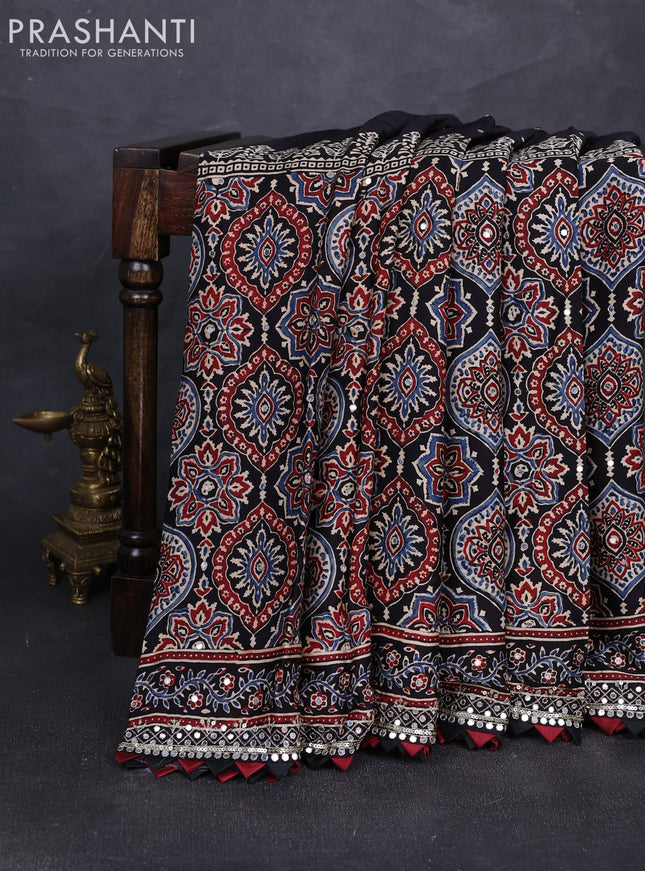Modal silk saree black with mirror work & ajrakh prints and mirror & sequin embroidery pallu