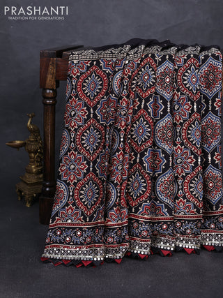 Modal silk saree black with mirror work & ajrakh prints and mirror & sequin embroidery pallu
