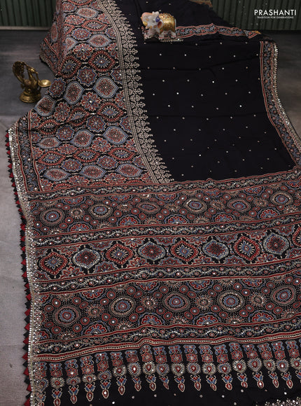 Modal silk saree black with mirror work & ajrakh prints and mirror & sequin embroidery pallu