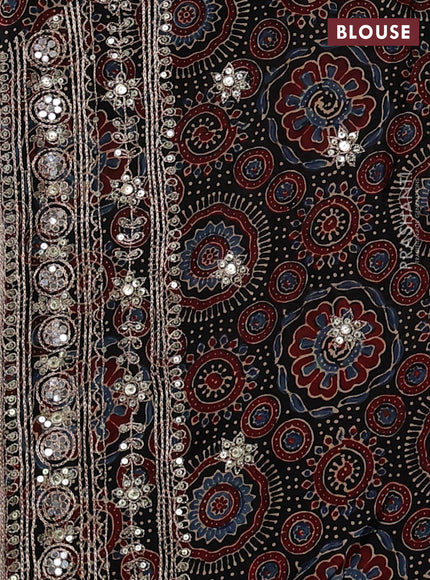Modal silk saree black with mirror work & ajrakh prints and mirror & sequin embroidery pallu