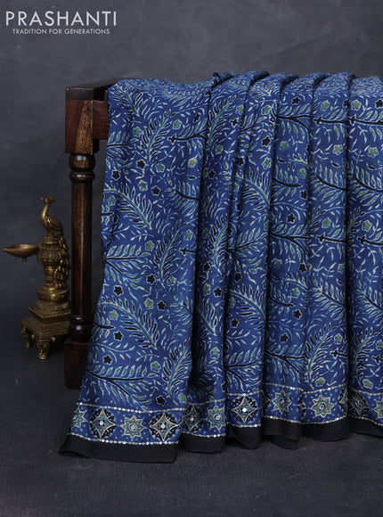 Modal silk saree indigo blue with allover ajrakh prints and mirror & sequin embroidery pallu