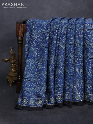 Modal silk saree indigo blue with allover ajrakh prints and mirror & sequin embroidery pallu