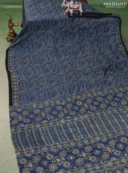 Modal silk saree indigo blue with allover ajrakh prints and mirror & sequin embroidery pallu