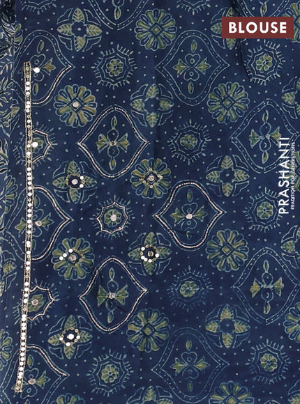 Modal silk saree indigo blue with allover ajrakh prints and mirror & sequin embroidery pallu