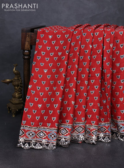Modal silk saree maroon with allover ajrakh prints and mirror & sequin embroidery pallu