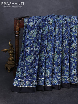 Modal silk saree indigo blue with allover ajrakh prints and mirror & sequin embroidery pallu