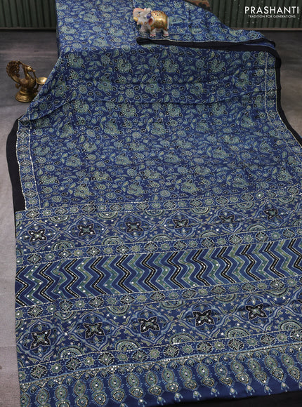 Modal silk saree indigo blue with allover ajrakh prints and mirror & sequin embroidery pallu