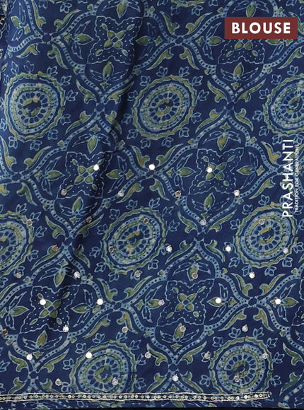 Modal silk saree indigo blue with allover ajrakh prints and mirror & sequin embroidery pallu
