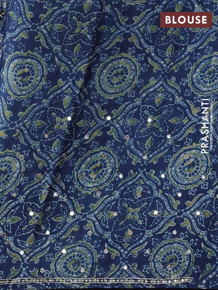Modal silk saree indigo blue with allover ajrakh prints and mirror & sequin embroidery pallu