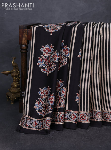 Modal silk saree black with ajrakh butta prints and mirror & sequin embroidery pallu