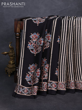 Modal silk saree black with ajrakh butta prints and mirror & sequin embroidery pallu