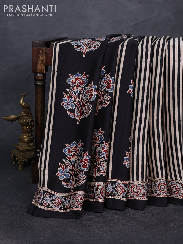 Modal silk saree black with ajrakh butta prints and mirror & sequin embroidery pallu