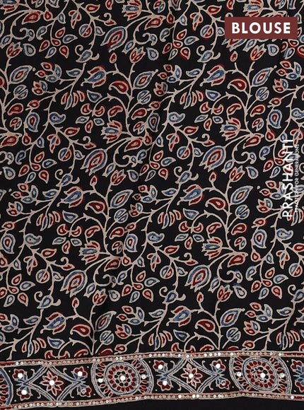 Modal silk saree black with ajrakh butta prints and mirror & sequin embroidery pallu