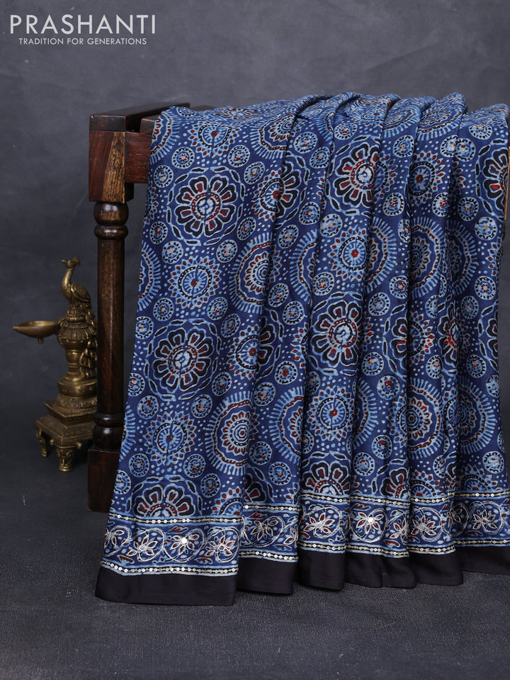 Modal silk saree indigo blue and black with allover ajrakh prints and mirror & sequin embroidery pallu