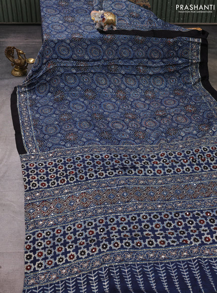 Modal silk saree indigo blue and black with allover ajrakh prints and mirror & sequin embroidery pallu
