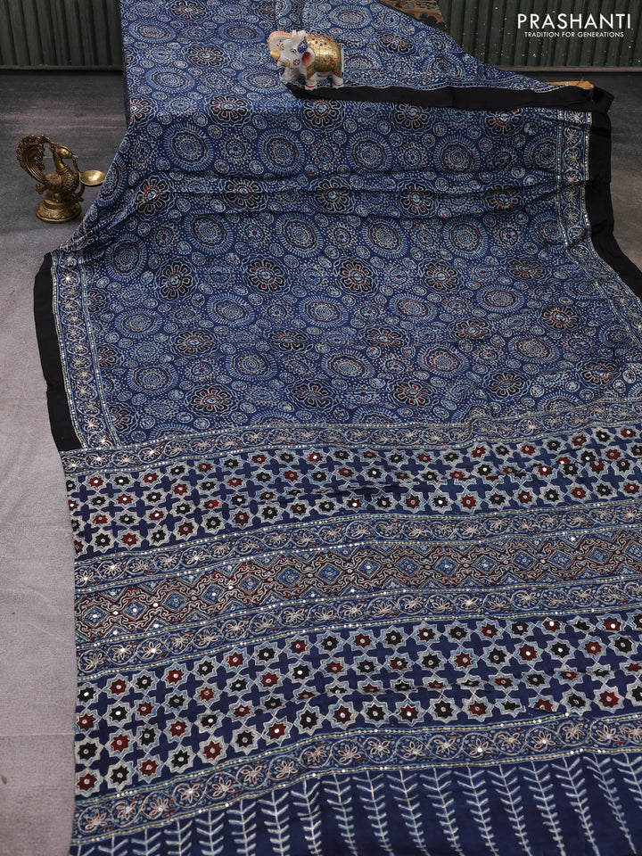 Modal silk saree indigo blue and black with allover ajrakh prints and mirror & sequin embroidery pallu