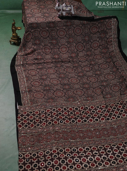 Modal silk saree pastel brown and black with allover ajrakh prints and mirror & sequin embroidery pallu