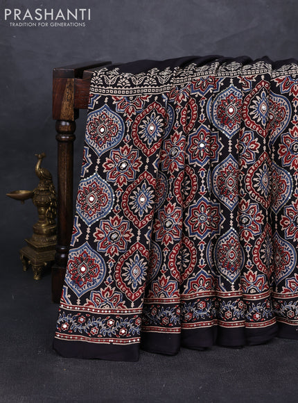 Modal silk saree black with allover ajrakh prints and mirror & sequin embroidery pallu