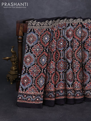 Modal silk saree black with allover ajrakh prints and mirror & sequin embroidery pallu