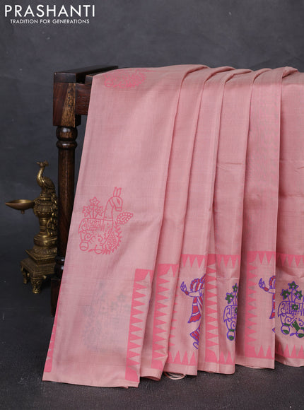 Uppada block printed silk saree pastel peach with butta prints and printed border
