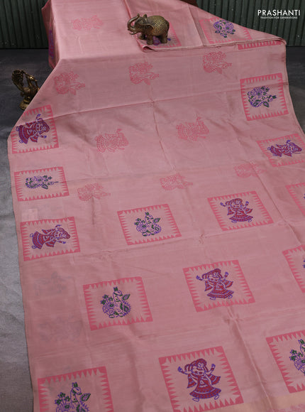Uppada block printed silk saree pastel peach with butta prints and printed border