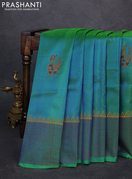 Uppada block printed silk saree dual shade of teal bluish green with butta prints and printed border