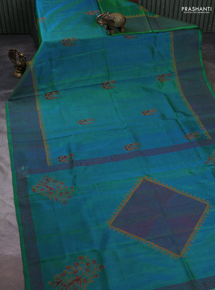 Uppada block printed silk saree dual shade of teal bluish green with butta prints and printed border