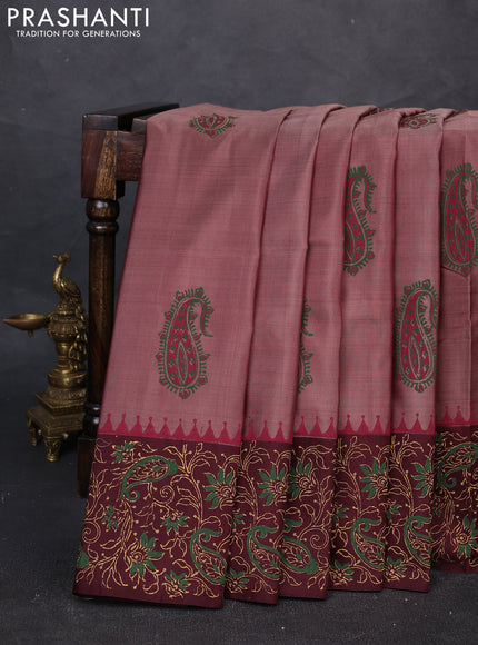 Uppada block printed silk saree rosy brown and coffee brown with paisley butta prints and printed border