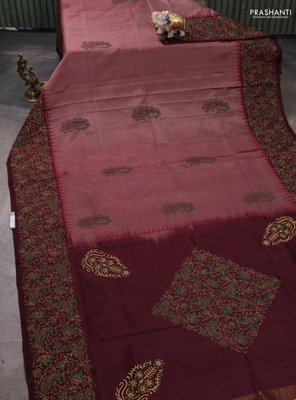 Uppada block printed silk saree rosy brown and coffee brown with paisley butta prints and printed border