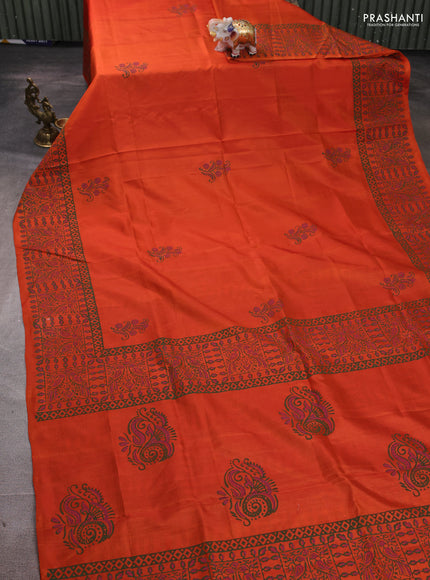 Uppada block printed silk saree rustic orange with butta prints and printed border