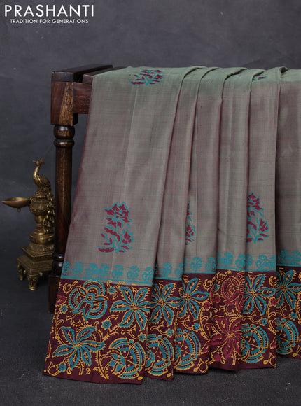 Uppada block printed silk saree greyish green and wine shade with floral butta prints and printed border